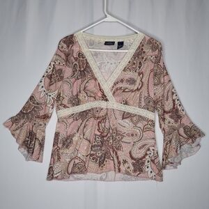Vtg‎ Babydoll Top Women Large Paisley Lace Empire Flared Y2K Coastal Cowgirl 90s